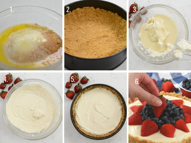 6 photos showing how to make cheesecake
