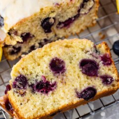 Overhead shot of a slice of lemon blueberry bread