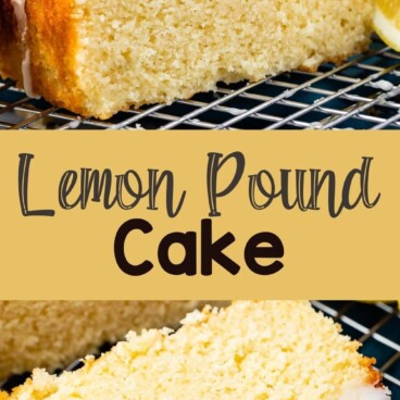 Photo collage of lemon pound cake with recipe title in the middle of two photos