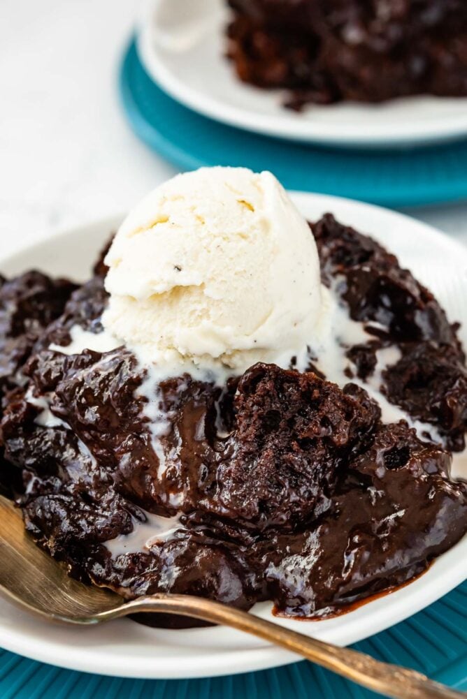 plate with brownie pudding and ice cream