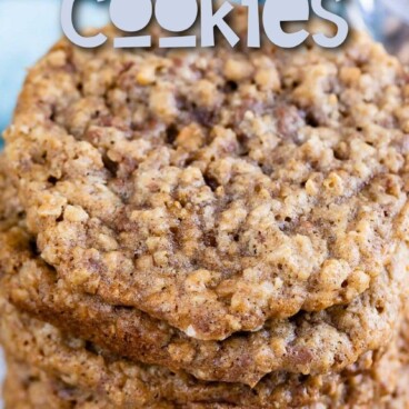 Stack of oatmeal toffee cookies with recipe title on top of image