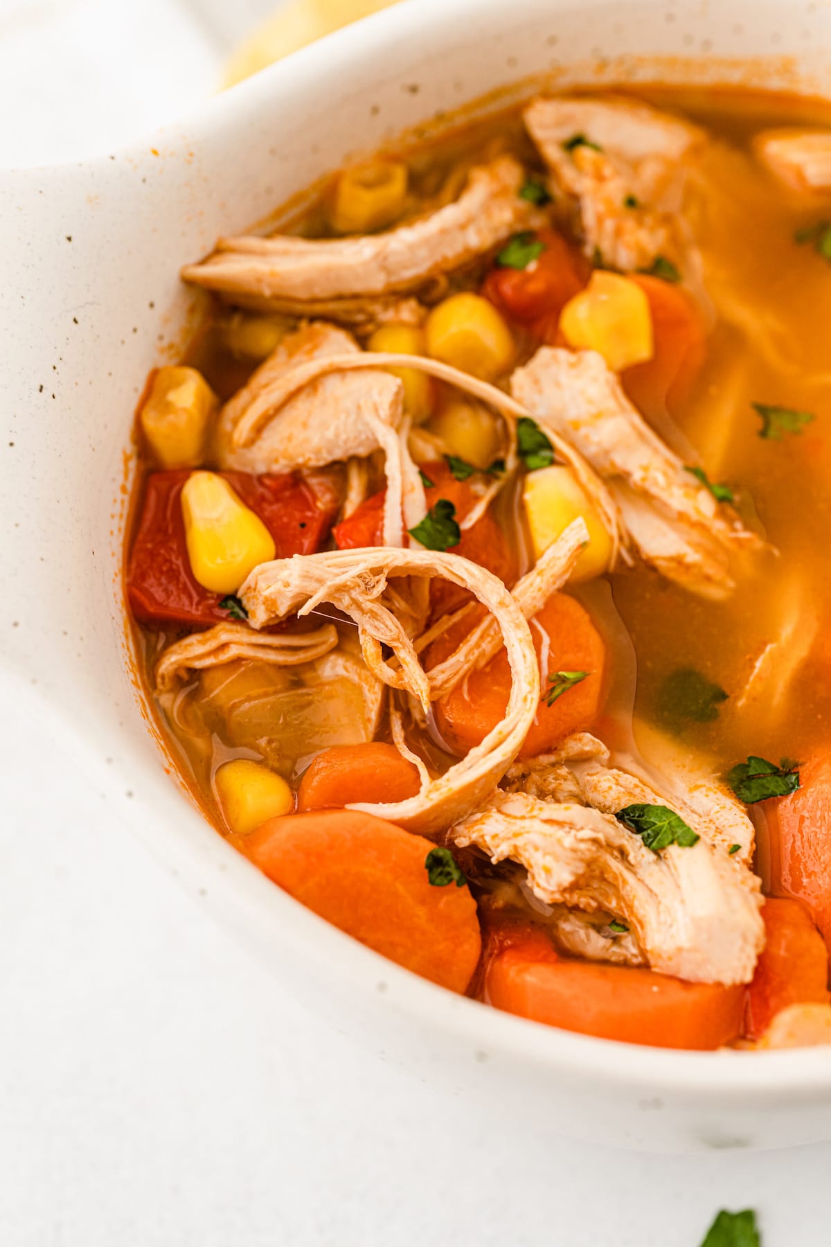 Close up overhead shot of bbq chicken soup in a bowl