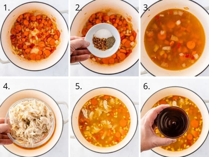 Six photos showing the process of making bbq chicken soup