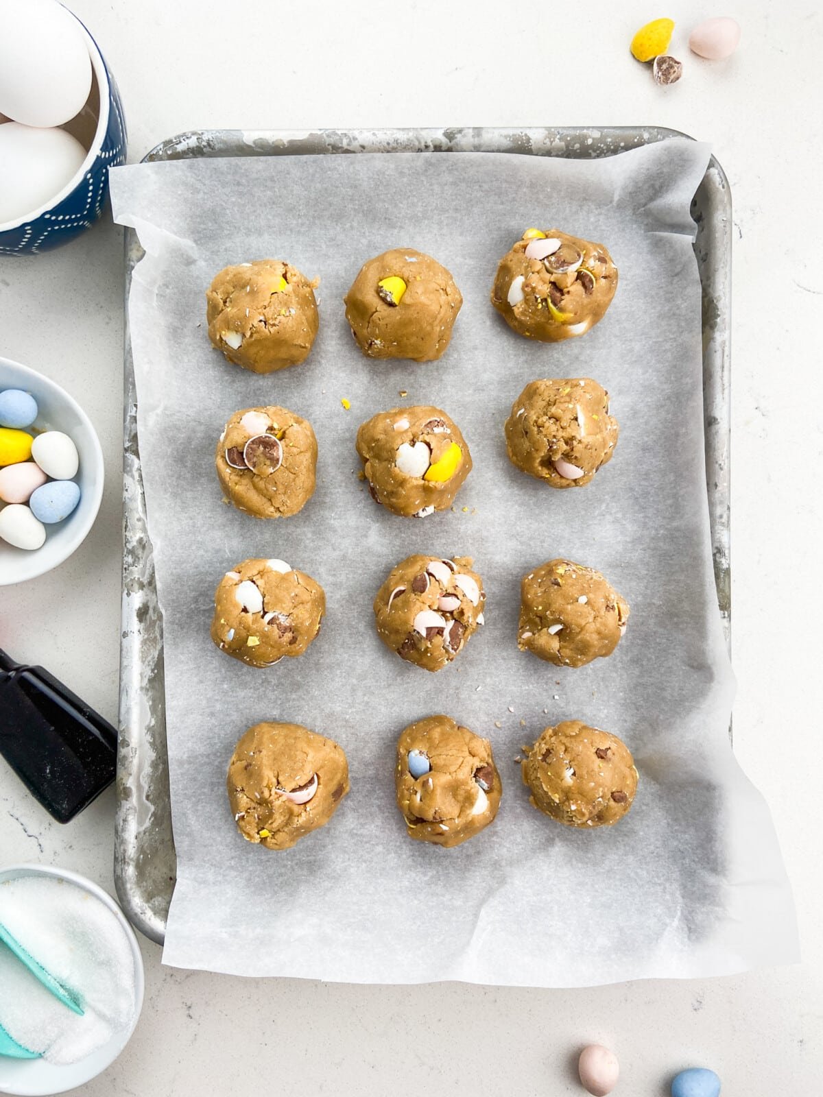 cookie dough on cookie sheet.