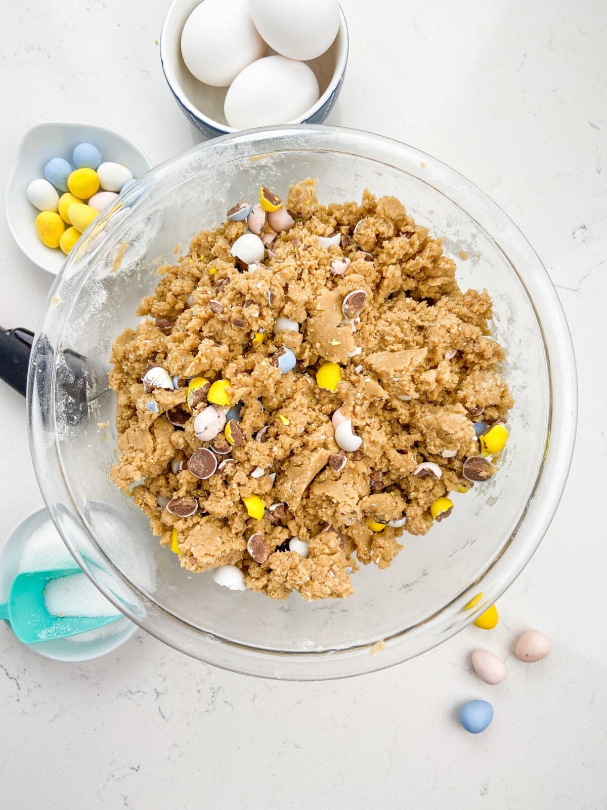 cookie dough with chopped up mini eggs