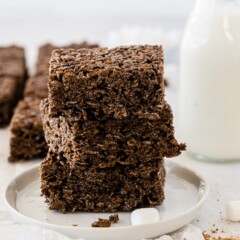 Stack of three chocolate rice krispie treats