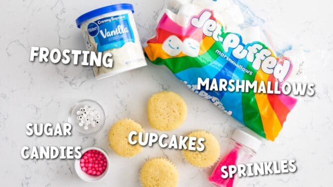 Overhead shot of all ingredients needed to make and decorate easter bunner cupcakes