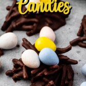 Easter nest candies on parchment paper with recipe title on top of image