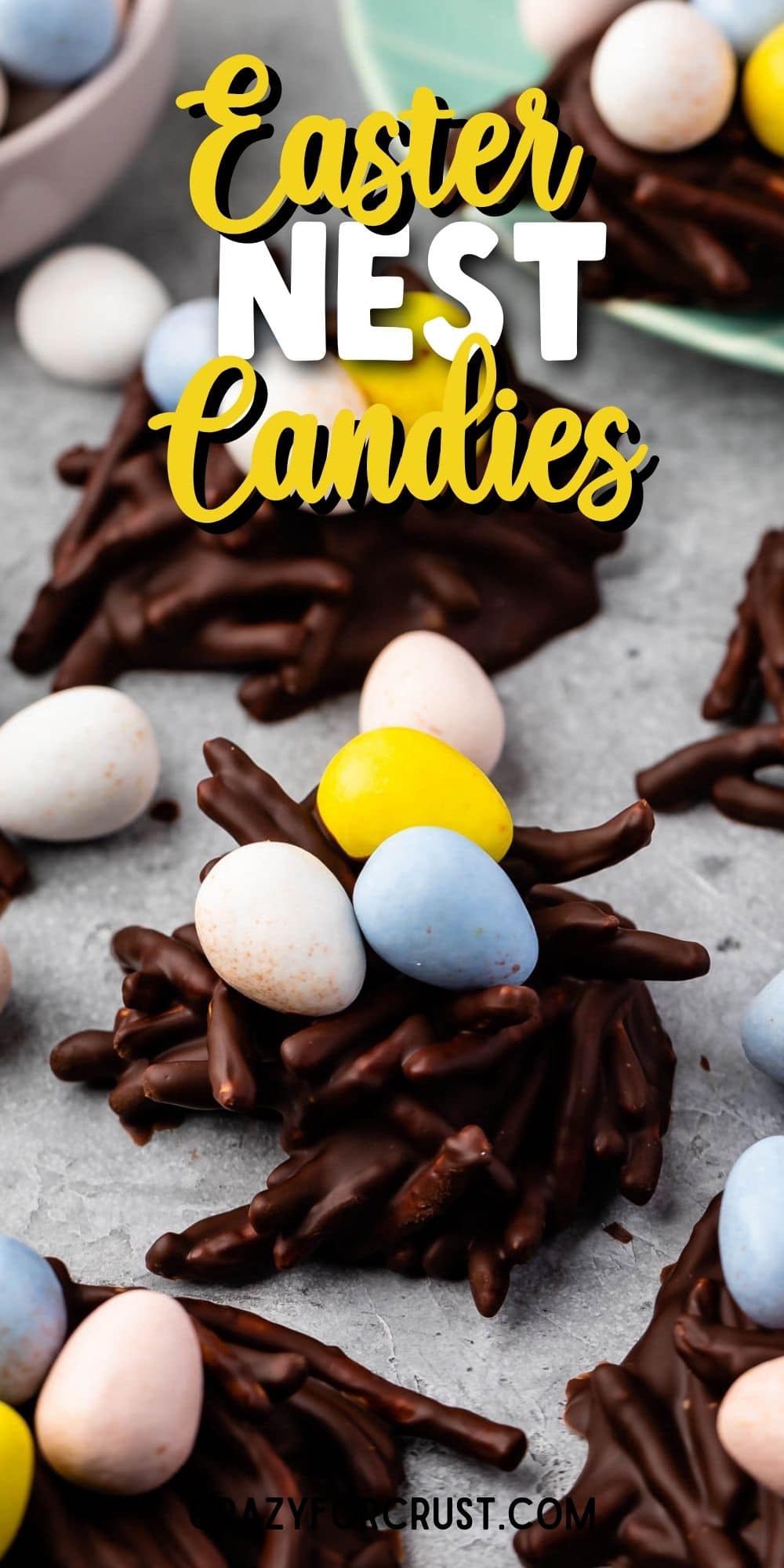 Easter nest candies on parchment paper with recipe title on top of image