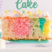 slice of tie dye easter cake on spatula with words on photo