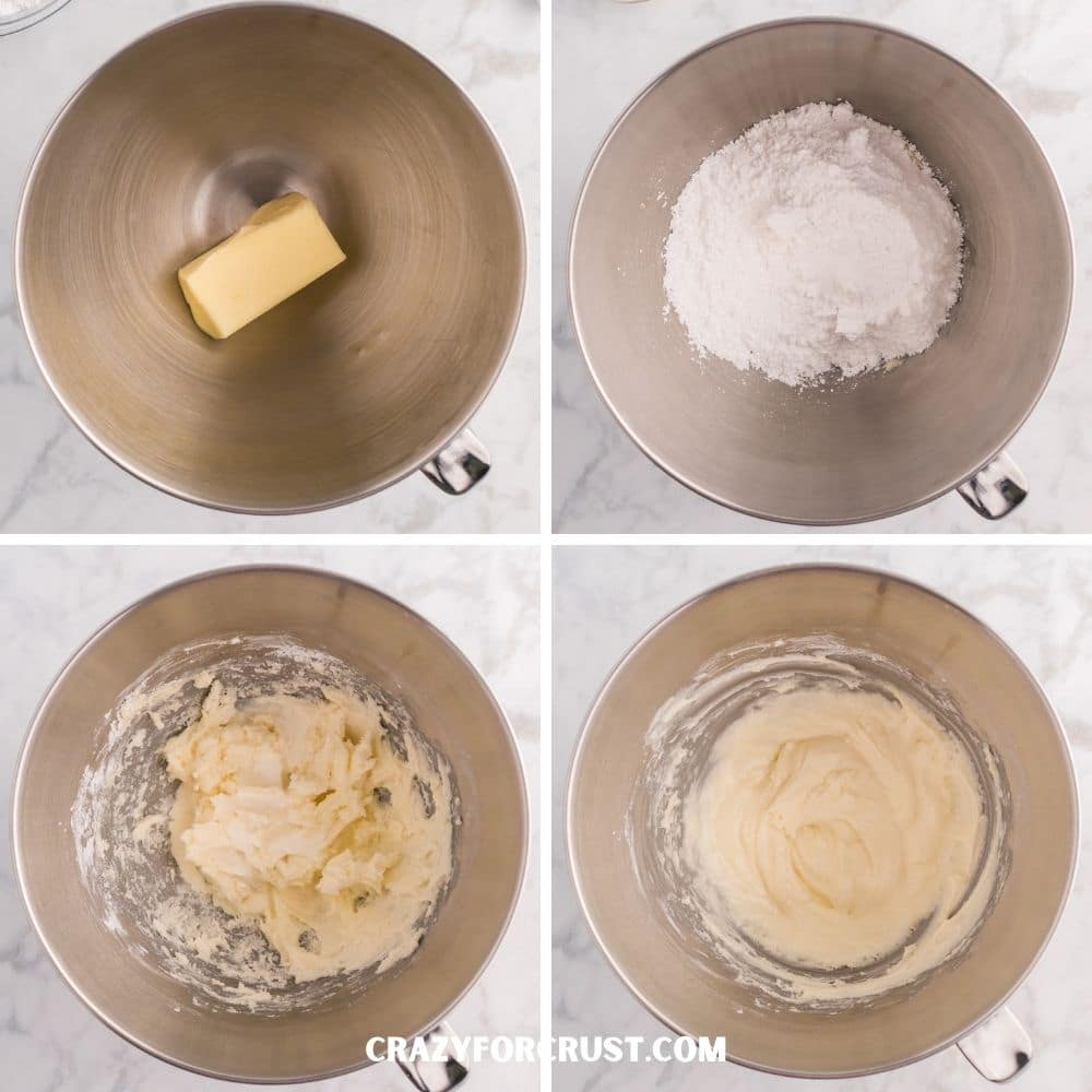 4 photos showing how to make frosting