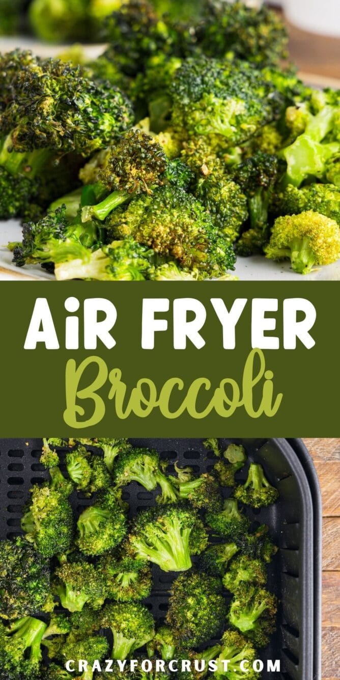 Photo collage of air fryer broccoli with recipe title in the middle of two photos