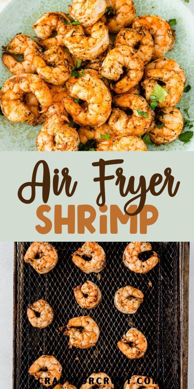 Photo collage of air fryer shrimp with recipe title in the middle of two photos