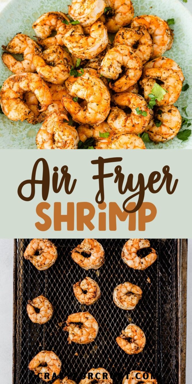 Photo collage of air fryer shrimp with recipe title in the middle of two photos