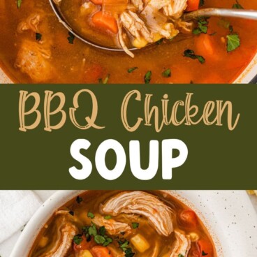 Bbq chicken soup collage with recipe title in the middle of two photos