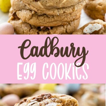 Photo collage of cadbury egg cookies with recipe title in the middle of two photos