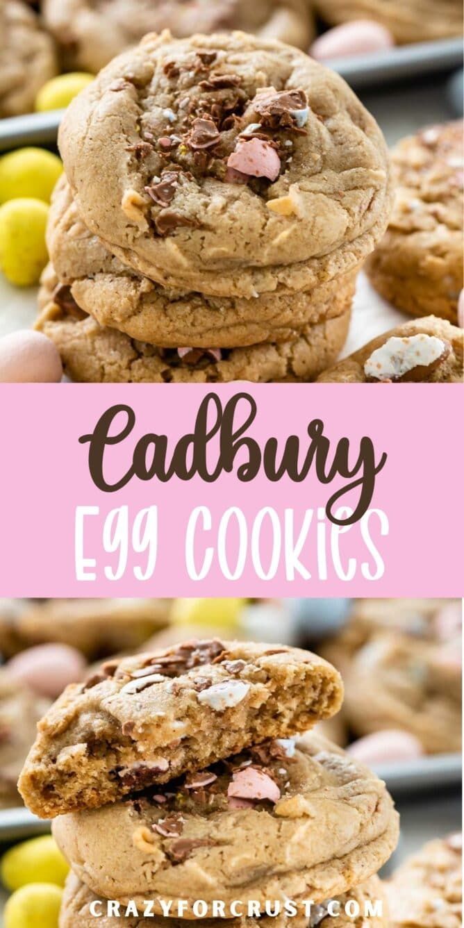 Photo collage of cadbury egg cookies with recipe title in the middle of two photos