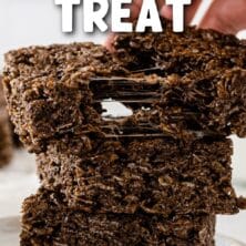 Stack of cocoa krispie treats with recipe title on top of image
