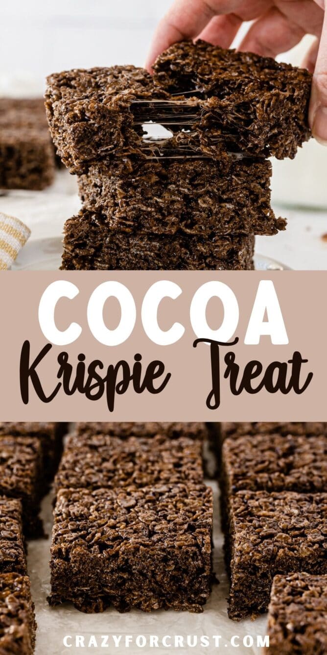 Photo collage of chocolate rice krispie treats with recipe title in the middle of two photos