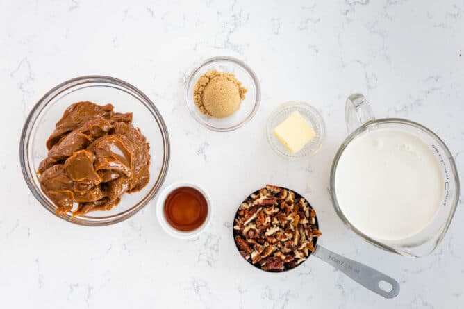 Overhead shot of all ingredients needed to make dulce de leche ice cream