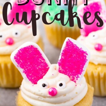 Easter bunny cupcakes with recipe title on top of image