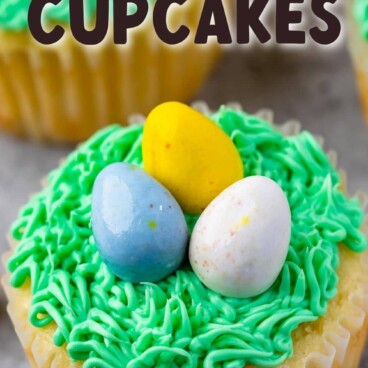 Easter nest cupcake with recipe title on top of image