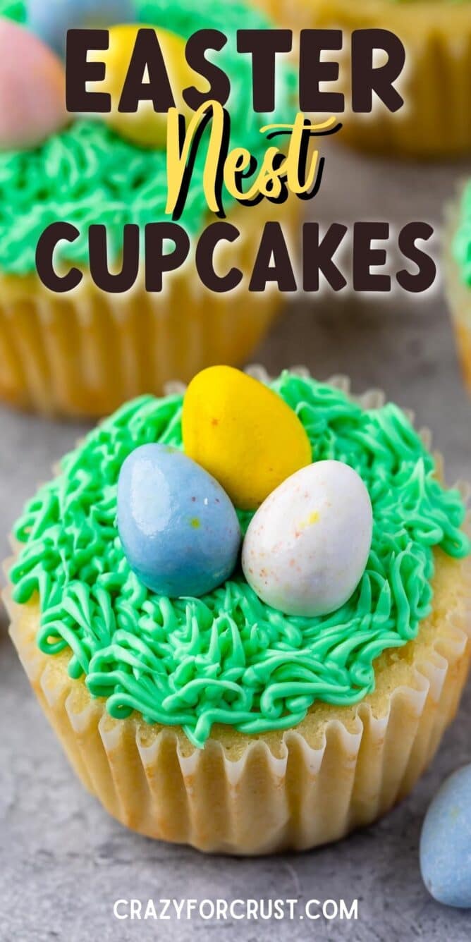 Easter nest cupcake with recipe title on top of image
