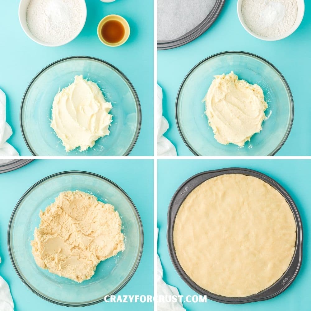 4 grid collage of how to make fruit pizza