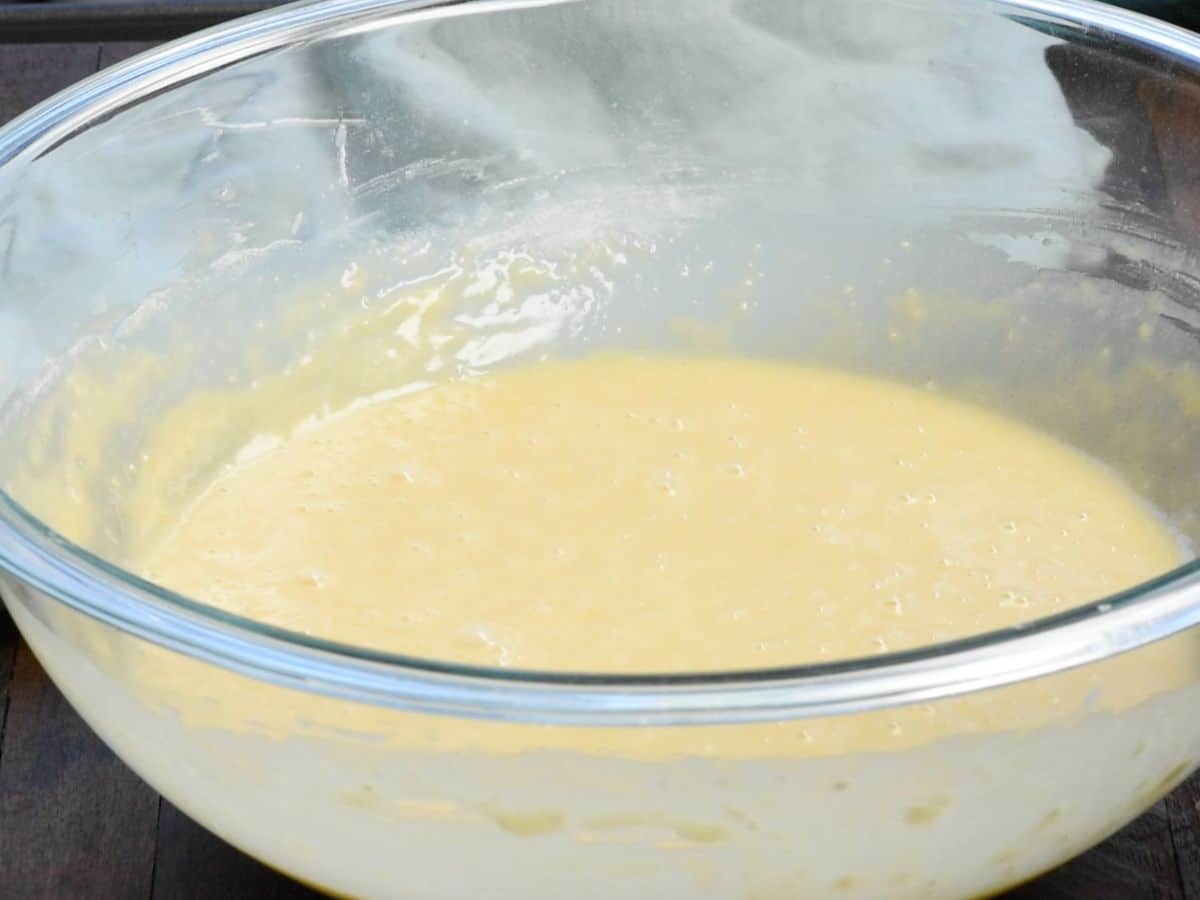 cake batter in clear bowl.
