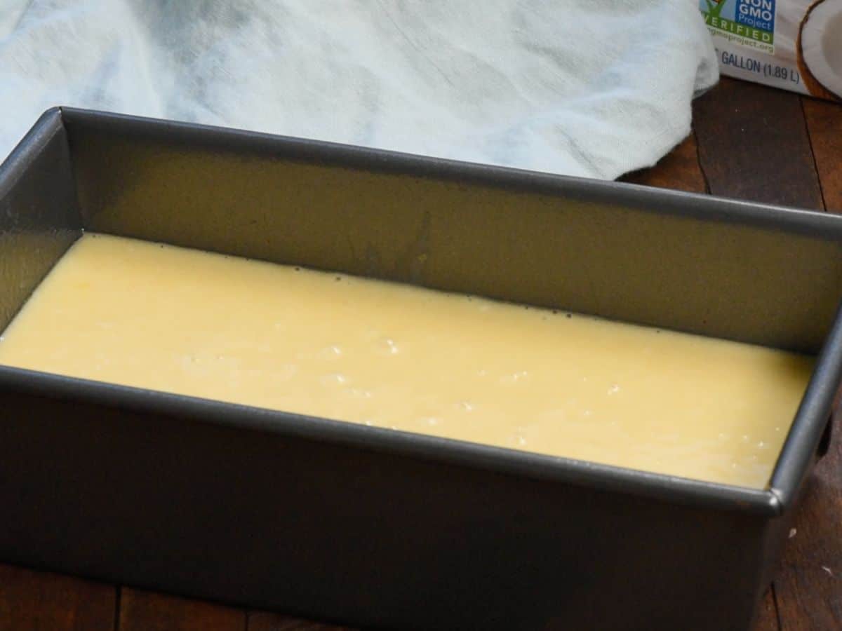 cake batter in loaf pan.