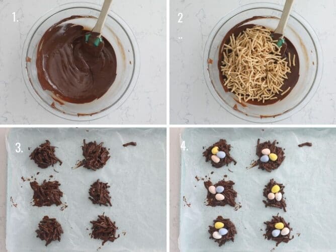 4 grid collage showing how to make candy nests