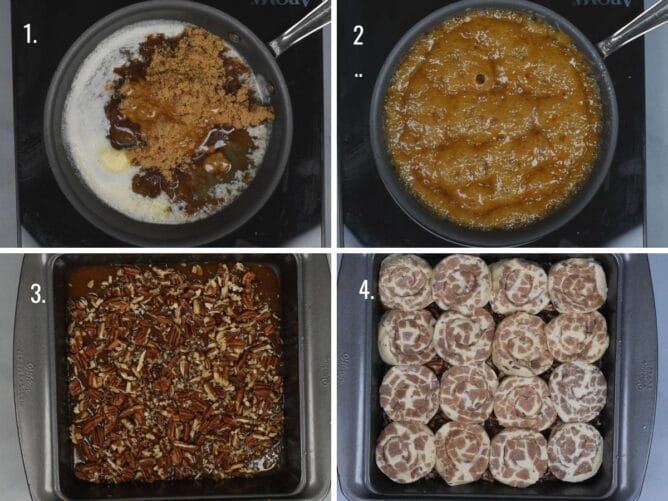 4 photos showing the process of how to make sticky buns