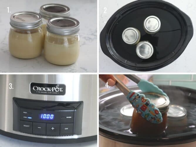 Four photos showing the steps to making dulce de leche in your slow cooker