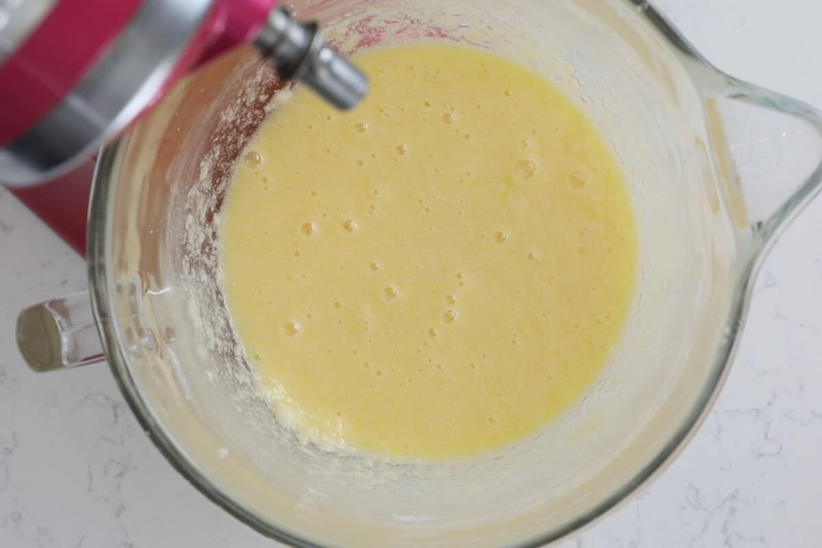 cake batter in stand mixer bowl.