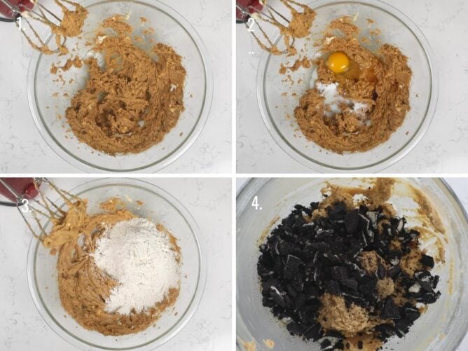 Four photos showing the process of making cookies 'n cream peanut butter cookies
