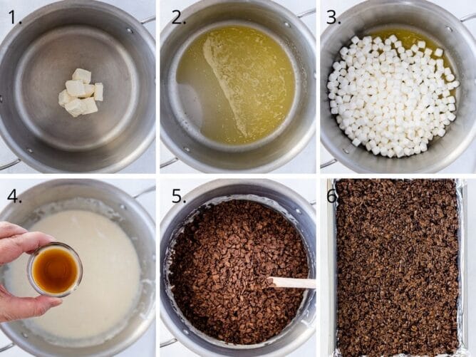 Overhead shot of 6 photos showing process of making chocolate rice krispie treats