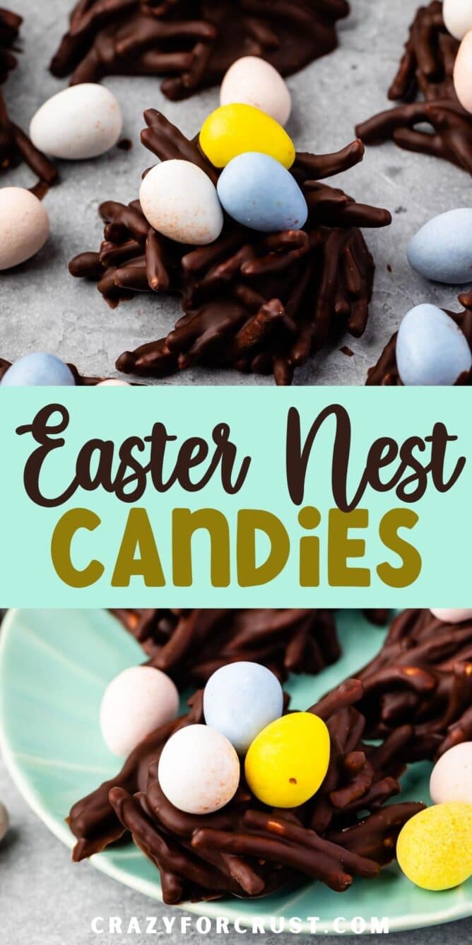 Photo collage of easter nest cookies with recipe title in the middle of two photos