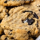 Oreo peanut butter cookies in a dish with recipe title on top of image