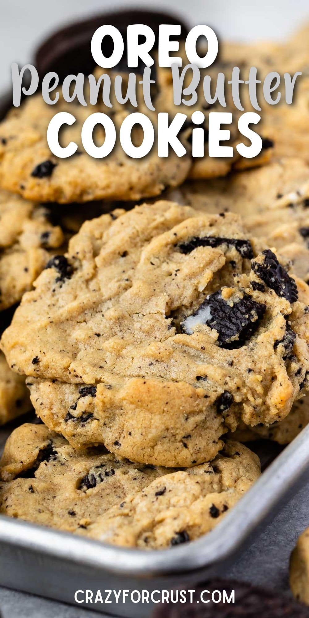 Oreo peanut butter cookies in a dish with recipe title on top of image