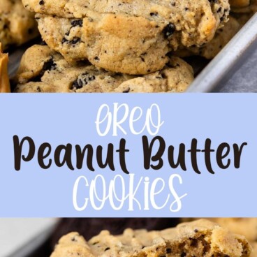 Photo collage of Oreo peanut butter cookies with recipe title in the middle of two photos