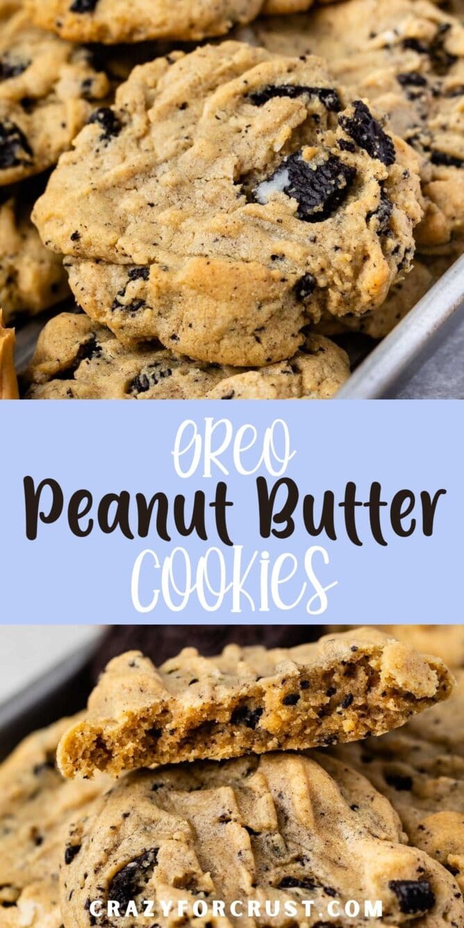 Photo collage of Oreo peanut butter cookies with recipe title in the middle of two photos