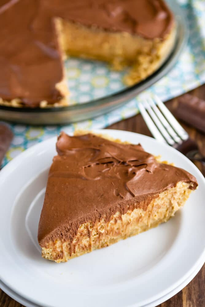 One slice of no bake peanut butter twix pie