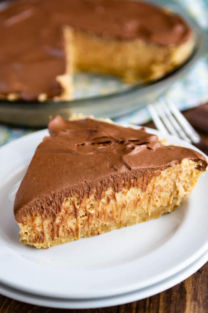 One slice of no bake peanut butter twix pie