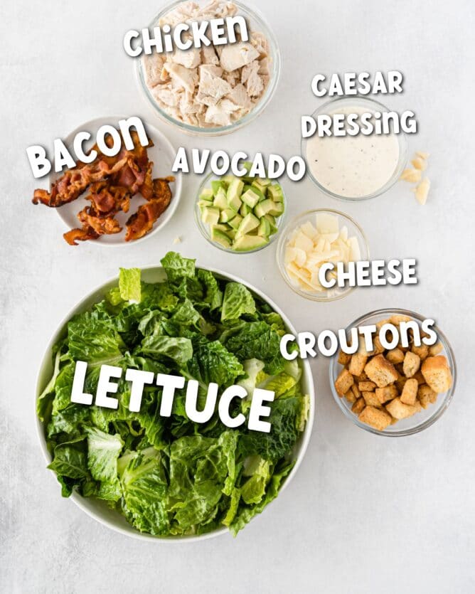 Overhead shot of all ingredients needed to make this caesar salad