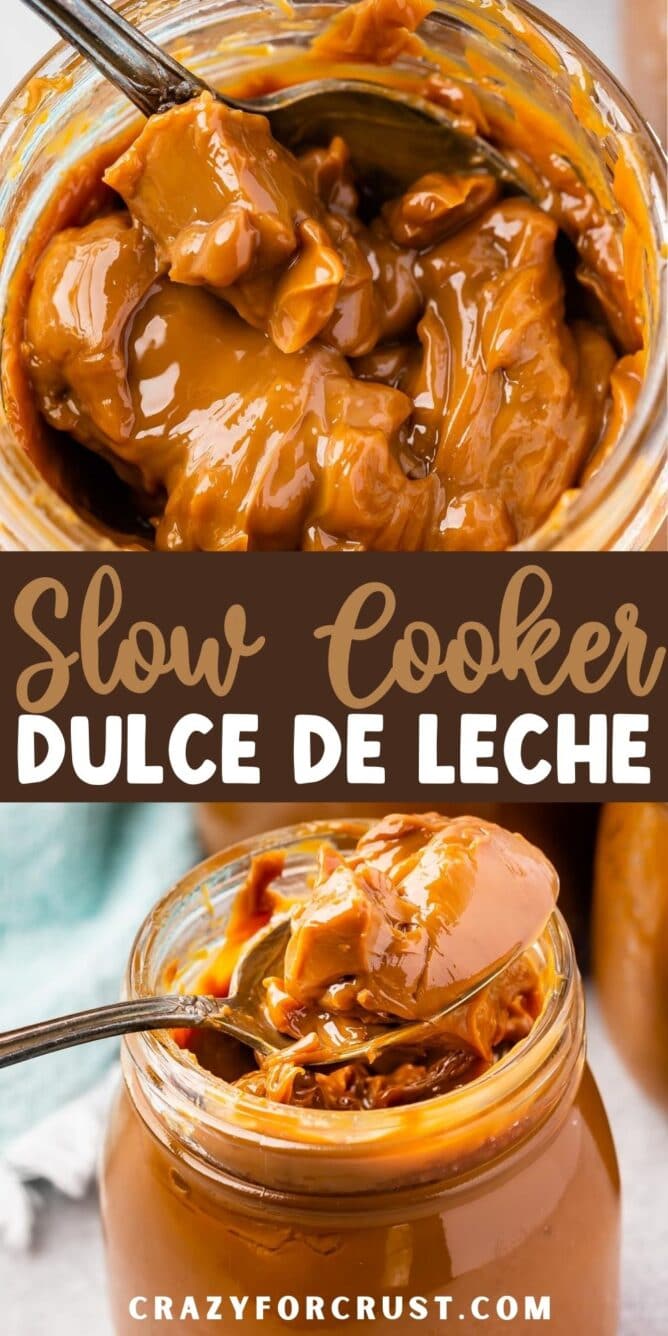 Dulce de leche photo collage with recipe title in the middle of two photos