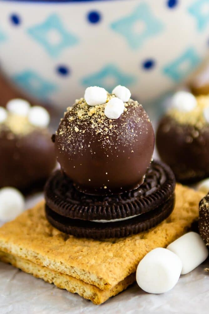 S'more oreo truffle sitting on top of an oreo and graham crackers with mini marshmallows around it