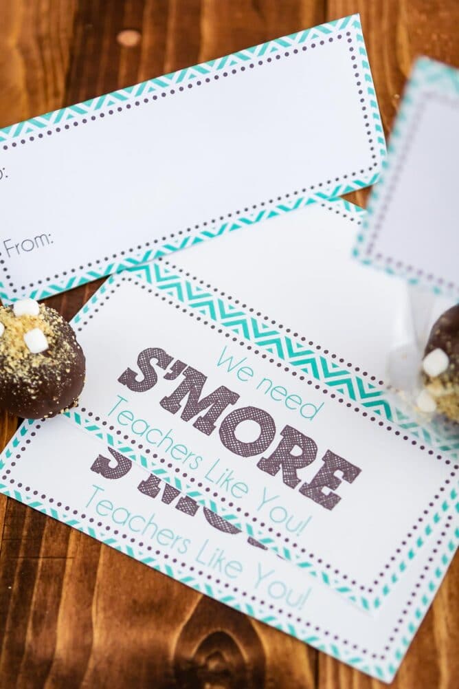 Printable teacher appreciation tags next to S'more oreo truffles