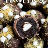 S'more Oreo Truffles with inside showing and recipe title on top of image