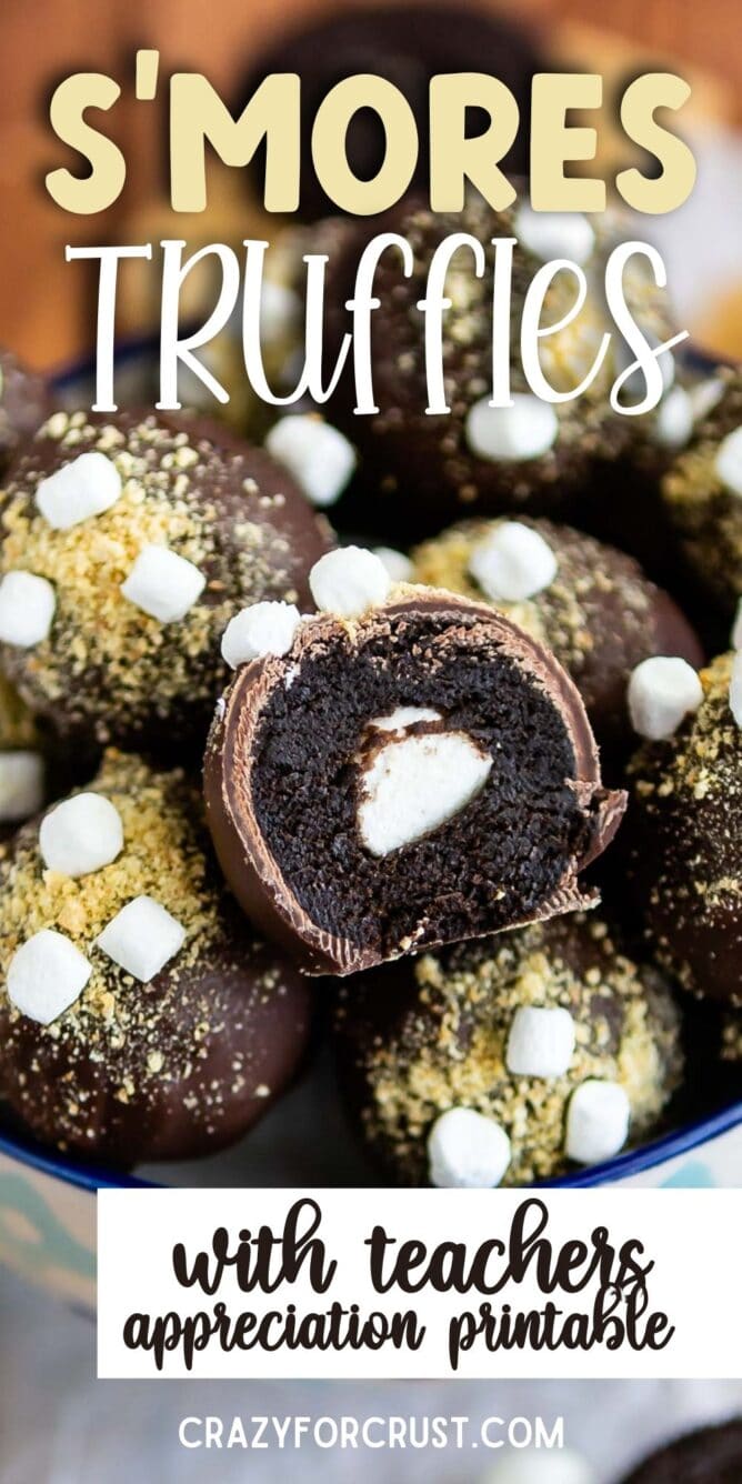 S'more Oreo Truffles with inside showing and recipe title on top of image