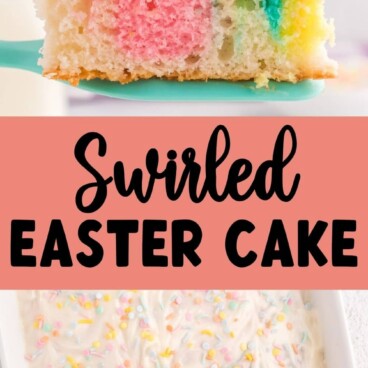 slice of tie dye easter cake on spatula and overhead shot of cake with words between